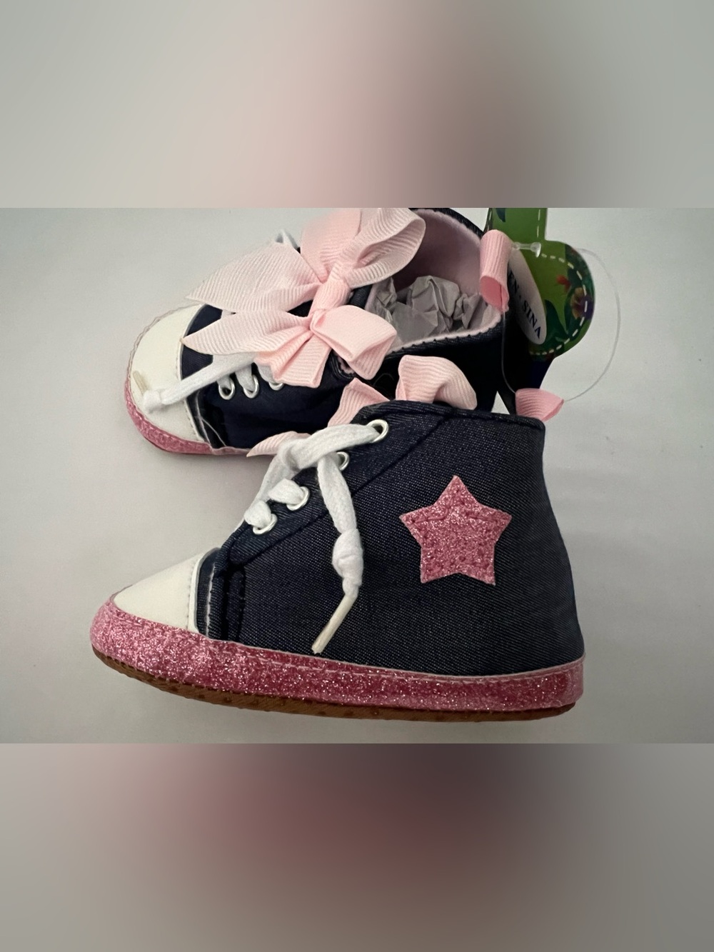 Navy Jean and Pink Glitter Star Baby High-Top Walkers